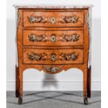 A Louis XV style kingwood and marquetry serpentine petite commode, early 20th Century, marble top,