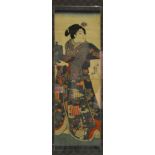 Kunisada
Two kakemono-e prints, 
one depicting a geisha standing turning her head towards the right,