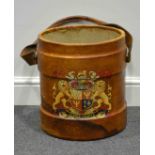 A leather cordite bucket, printed with alms and motto, AIMEZ VERITE, strap handle, 37cms.