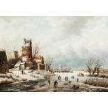 Daniel van der Putten
Dutch style winter scene with figures skating,
signed,
oil on panel,