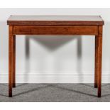 A George III mahogany and marquetry card table, rectangular fold over top with an inlaid oval,