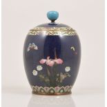 A Japanese cloisonne rich blue ground barrel shape jar,