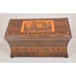 A Victorian rosewood and Tunbridge ware tea caddy, of waisted oblong form,