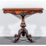 An early Victorian rosewood card table, rectangular fold over top,