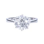 A diamond solitaire ring, brilliant cut stone, approx. 2.7 carat, claw set, in a platinum mount.