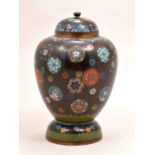 A Japanese cloisonne rich blue ground ovoid vase, two character mark, with a domed lid,