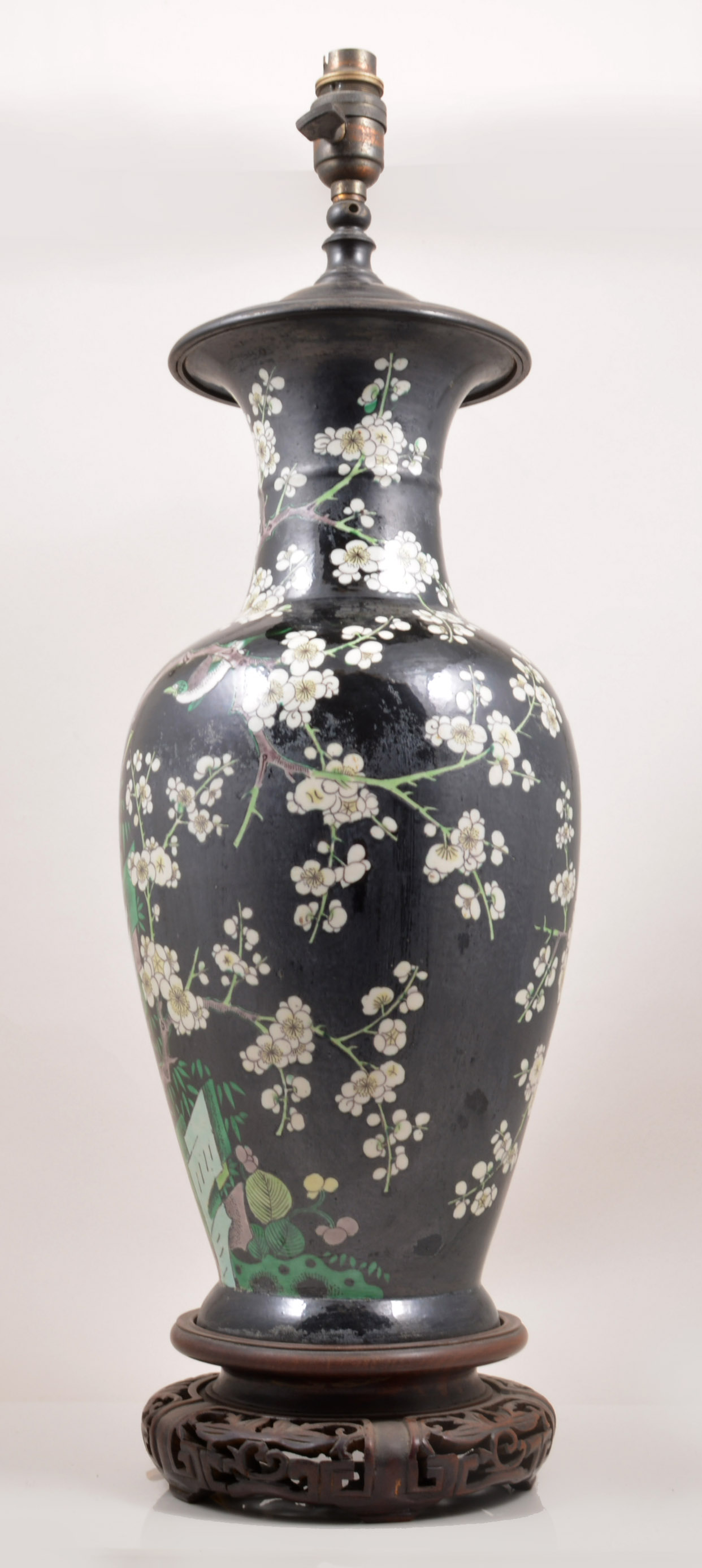 A Chinese famille noire baluster shape vase, serving as a lamp base,