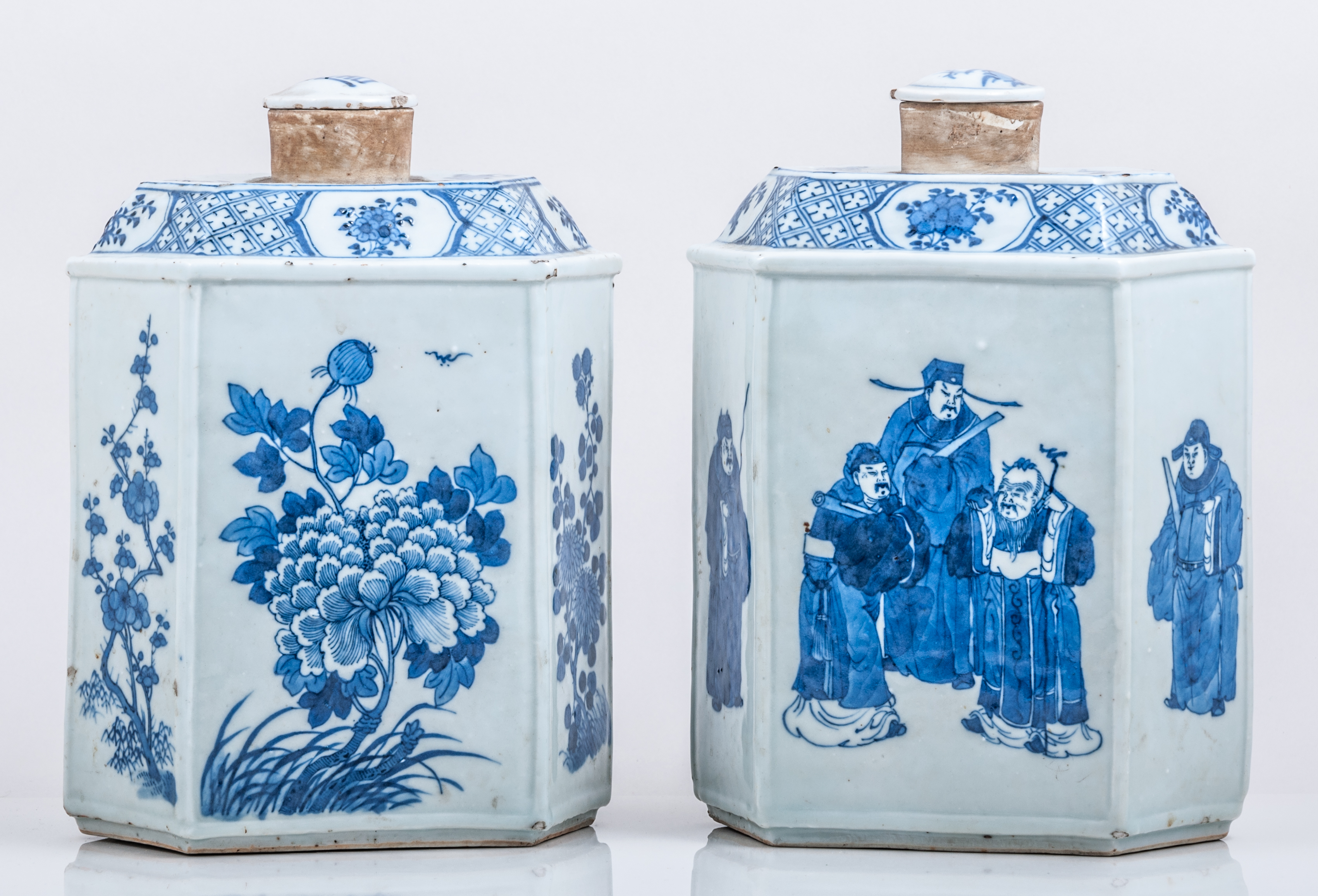 Two Chinese blue and white porcelain caddies, bearing Kangxi four character marks,