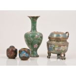 A Chinese cloisonne green ground slender baluster vase,