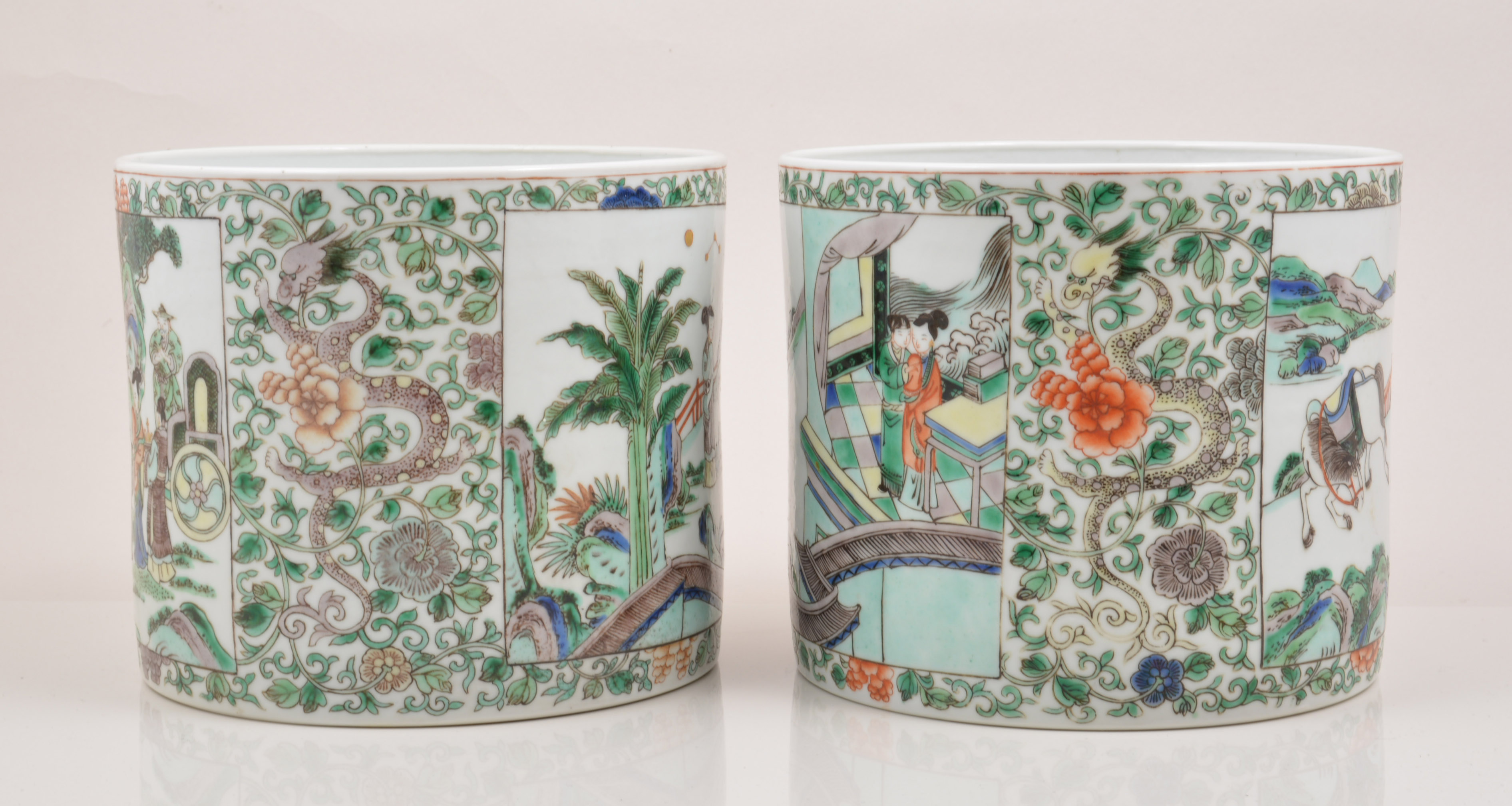 A pair of  Chinese famille verte cylindrical brush pots, 20th Century, - Image 3 of 4