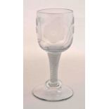 A Jacobite style goblet, cup shape bowl, engraved with a rose, two buds and a butterfly,