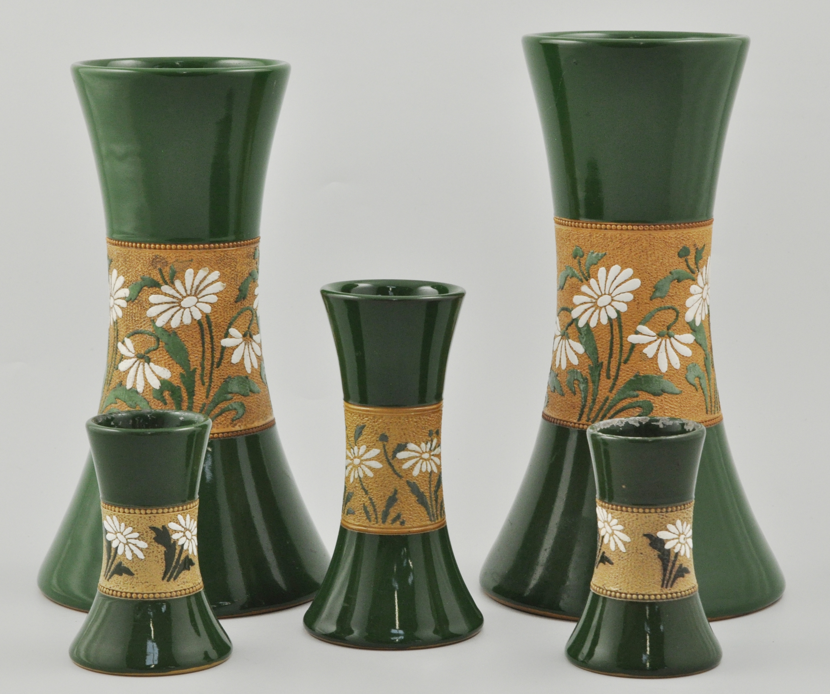 Two pairs of lead glazed vases, and another similar, (5).