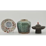 Tibetan Incense burner, a Chinese green glazed jar and a Chinese lotus shaped bowl, (3).