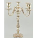 Electroplated five light candelabra, with embossed scrolled decoration,