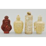 Chinese ivory snuff bottle, carved with dragons, 8cm, two other carved ivory snuff bottles,