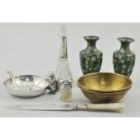 Pair of Eastern brass rice bowls, two silver mustard spoons,