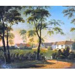 English School, 19th Century, landscape with buildings, distinctly initialled, oil on mill board,