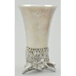 Silver stirrup cup, Richard Comyns, London 1968, trumpet body on a heavy cast foxes head base,