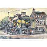 Donald Bosher, watercolour, street scene, 55cm x 40cm and two other watercolours by the same hand.