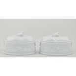 Pair of Copeland Spode game pie lidded dishes, decorated in high relief on a pale blue ground,