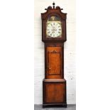 Oak and mahogany longcase clock, arched painted dial  with subsidiary second dial and date dial,