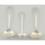 Two hallmarked silver ladles, by Walker & Hall and another silver ladle, (3).