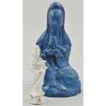 Chinese Blanc de Chine figure, (9cm), together with a Chinese blue glazed figure (15cm), (2).