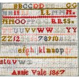 Victorian alphabet sampler, Annie Vale 1867,  framed and glazed, 22cm x 20cm,