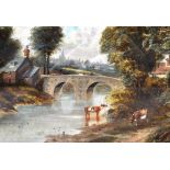 Edward Priestly, (1820-1880), landscape scene, Cattle Grazing with River and Bridge Beyond,