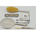 Silver backed hand mirror, Chester, marks are worn, silver backed hairbrush,