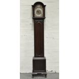 Reproduction mahogany finish grandmother clock, arched brass dial with a silvered chapter ring,