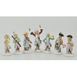 Meissen style German porcelain seven piece Monkey Band, possibly 20th Century, blue scissor marks,