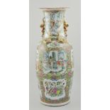 Large Chinese Canton floor vase, decorated with panels with floral borders, rim damaged,