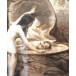 Herbert James Draper, sepia print, pencilled signed, study of a scantily clad maiden and baby,