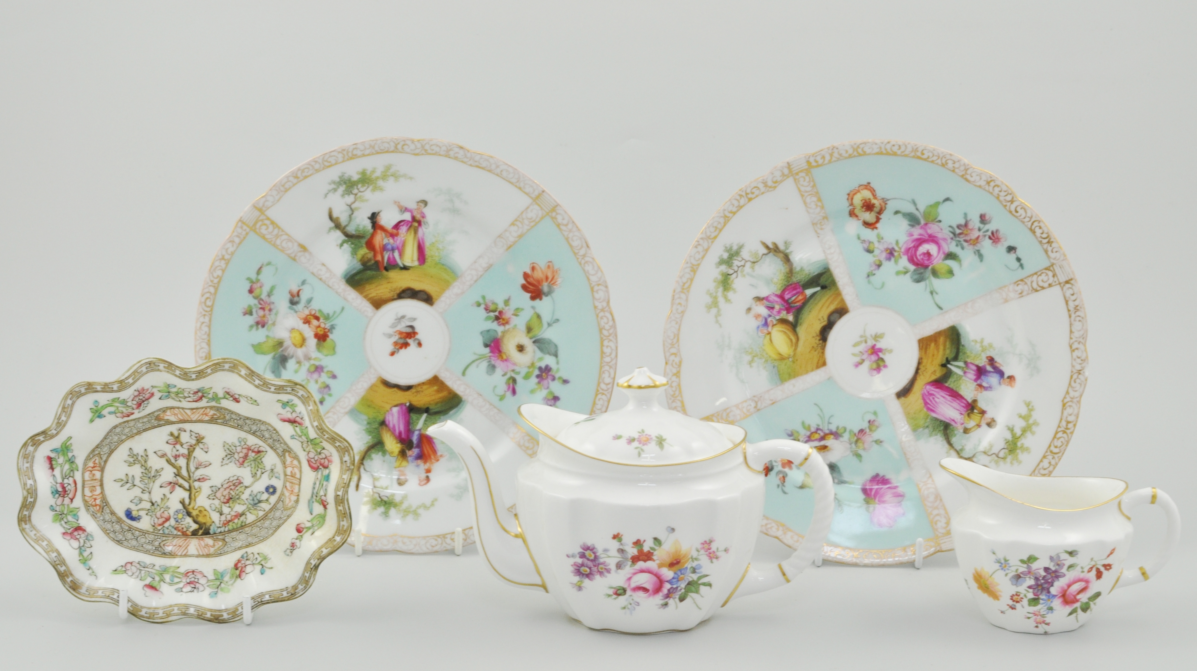 Collection of decorative teaware, to include, Royal Crown Derby Posies pattern, Dresden plates,