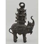 Chinese bronze elephant censer, modelled trumpeting, a Pagoda Howdah on his back, 25cm.