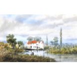 G*B*H*, river landscape with a bridge, initialled, watercolour,