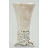 Silver stirrup cup, Richard Comyns, London 1969, trumpet body on a heavy cast foxes head base,
