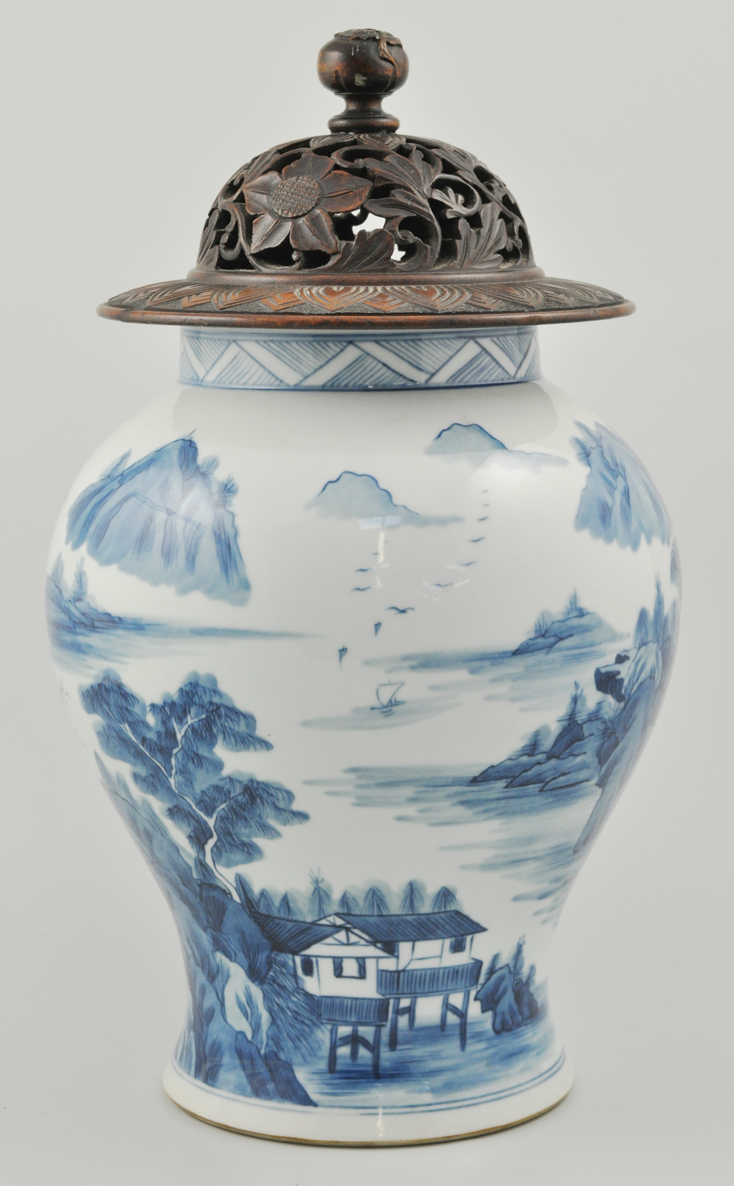 Chinese blue and white baluster vase, decorated in continuous Oriental landscapes,