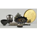 Small collection of Oriental objects, to include a bronze figure, a Chinese Jadiete carving etc,