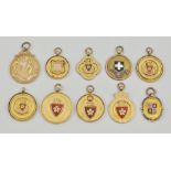 Collection of ten 9ct gold medals, circa 1920 to 1930, to include cricket, football etc,