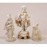 Pair of Derby pattern cherub gardeners, gilt decoration, 13cm, a pair of small Staffordshire dogs,