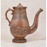 North Midlands stoneware coffee pot, mid 19th Century, applied moulded decoration 31cm,