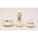 Pottery dressing table set, comprising a ring stand, hat pin stand, a pair of candlesticks,