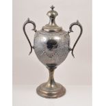 Victorian Britannia metal tea urn, semi fluted ovoid bowl on a stand,