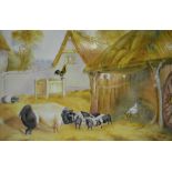 Porcelain plaque, painted by E R Booth, Worcester, Pig and Piglets,