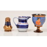 Staffordshire copper lustre goblet, applied moulded with Welsh figure, 11cm, two other goblets,