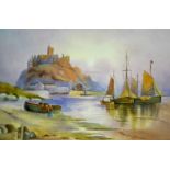 Porcelain plaque, St Michaels Mount, painted by E R Booth, Worcester,