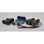 Two pairs of vintage binoculars, pair of opera glasses, plated biscuit barrel, other plated wares.