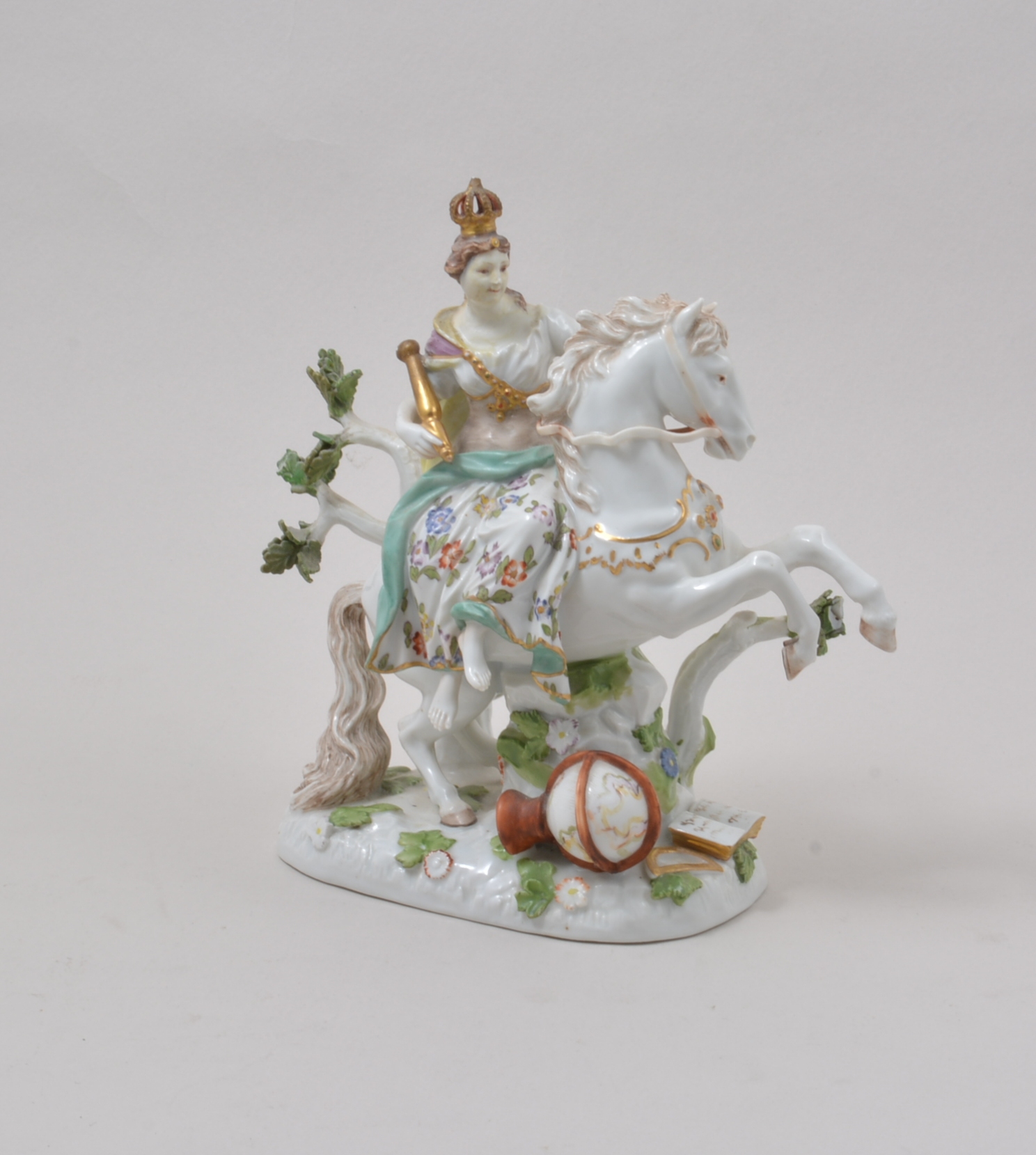 Continental porcelain figure, Catherine the Great, a rearing stallion, restored, 20cm.